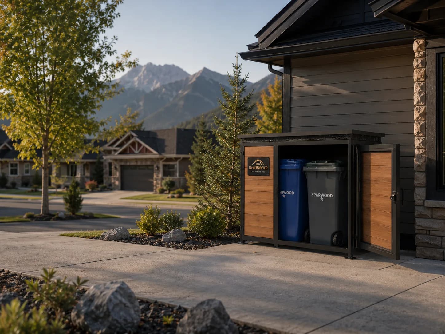 A BearBarrier Double enclosure installed on a concrete driveway beside a mountain home