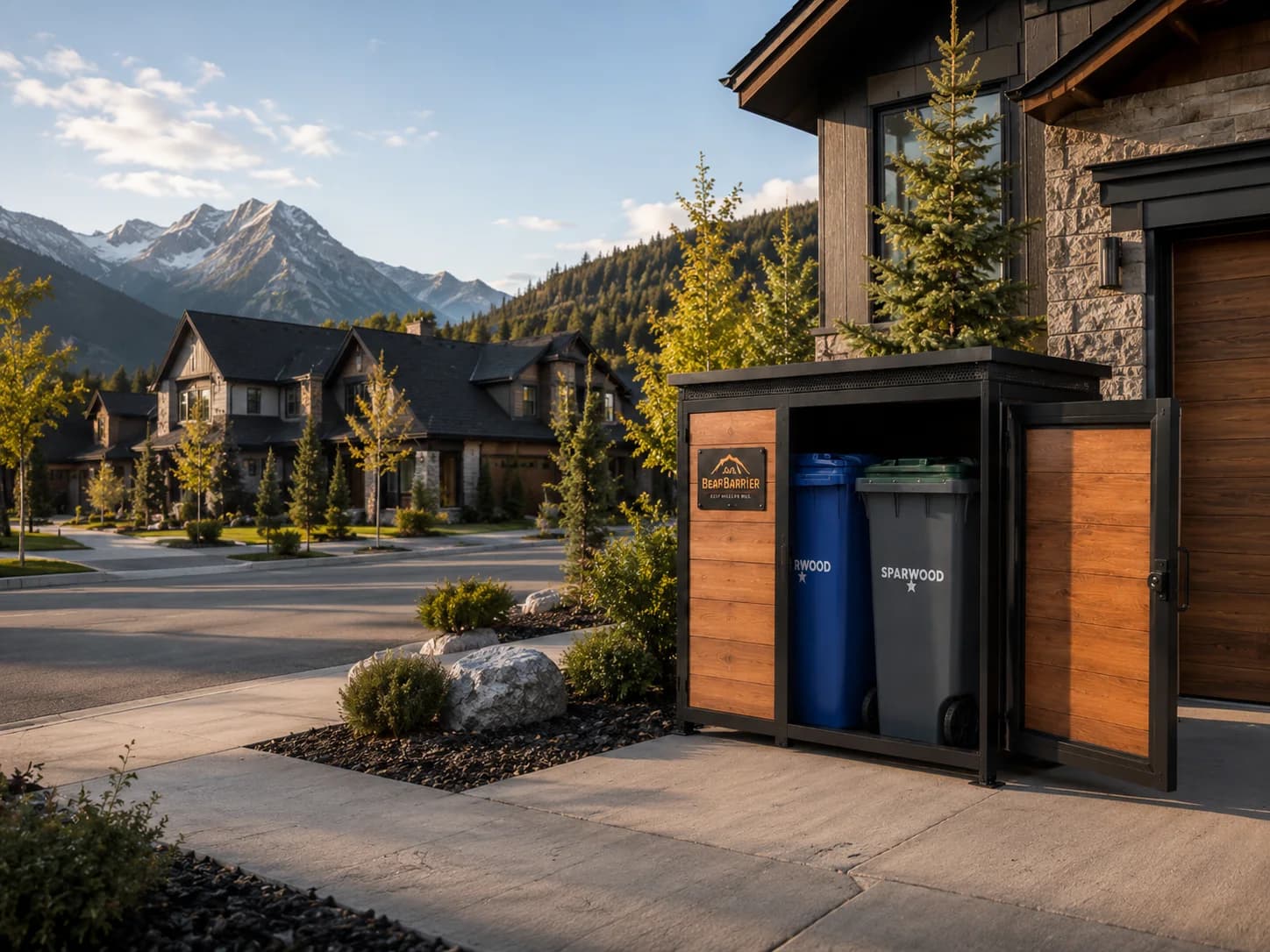 A BearBarrier Double enclosure with cedar panels and a steel frame holding two Sparwood carts beside a mountain home