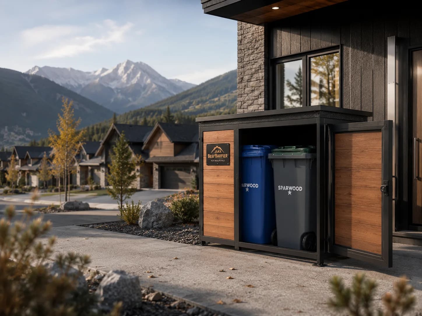 A BearBarrier Double enclosure open to show a blue recycling cart and a grey garbage cart